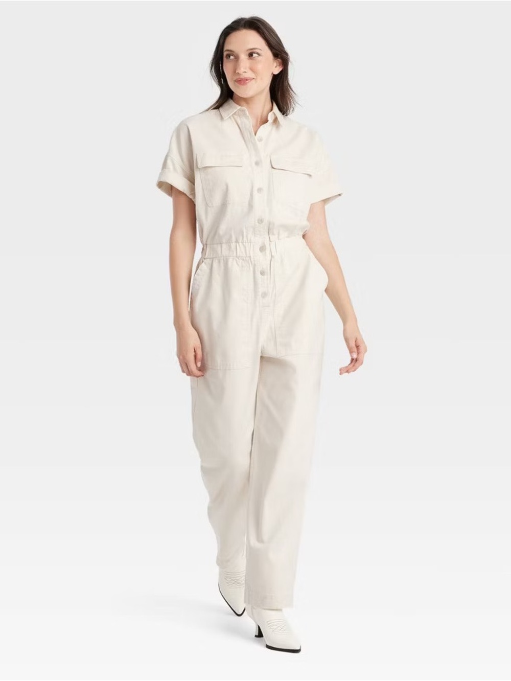 Universal Thread Cream Short Sleeve Boilersuit Jumpsuit 6 Cotton utility pockets